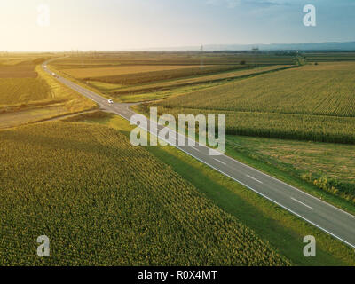 Luftaufnahme von zweispurigen Autobahn Straße durch Landschaft und kultivierten Feld von Mais im Sommer Sonnenuntergang Stockfoto