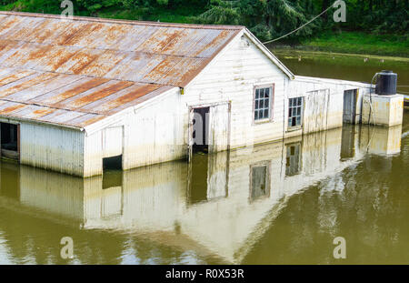 Überflutet Betriebsgebäude mit Wasser umgeben, nach dem Regen. Stockfoto