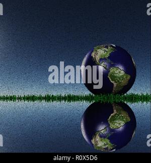 Planet Erde spiegelt sich in der Wasseroberfläche. Bild aus Worten Stockfoto