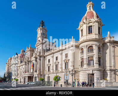 Das Rathaus, der Plaça de l'Ajuntament (Plaza del Ayuntamiento), Valencia, Spanien Stockfoto