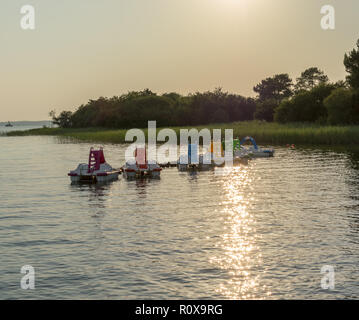 Bunte Tretboote mit Rutschen auf der Wasseroberfläche des Sees. Sonnenuntergang. Stockfoto