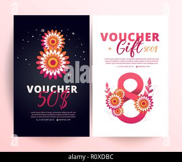 8. märz Gutschein. Hell set Gutschein 50 Euro Rabatt mit Blumen und 8 Anzahl Papier schneiden Stil Stock Vektor