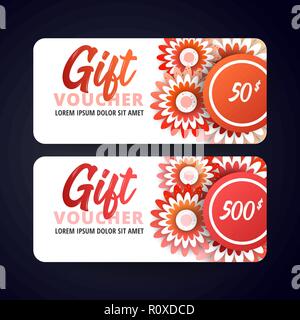 Gutschein Karte Vorlage mit roten Blumen auf weißem Hintergrund. Flat Style Vector Illustration. Stock Vektor