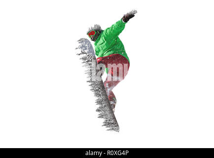 Snowboarder springt im Wald. Freeride Snowboard oder Ski Resort Konzept Stockfoto