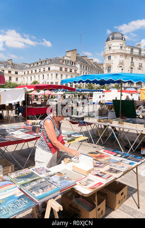 Frau browsing verwendet Bücher auf einem Markt, auf dem Place du Martroi, Orléans, Center-Val de Loire, Frankreich, Europa Abschaltdruck Stockfoto