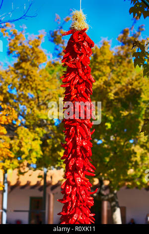 Red Chili Ristas hängen in der Plaza, trocknen in der warmen Herbstsonne in Santa Fe, New Mexico USA Stockfoto