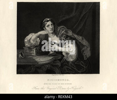 Jahrgang der Gravur des von William Hogarth, Sigismunda Trauer das Herz von guiscardo. Sigismunda Trauer das Herz von Guiscardo Stockfoto
