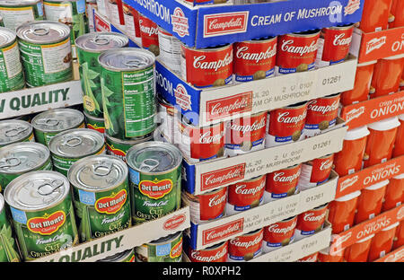 Die wichtigsten Zutaten für greenbean Auflauf werden angezeigt, für den Verkauf, in einem Geschäft in den USA Thanksgiving, Weihnachten tholidays als ein beliebter Futternapf Stockfoto