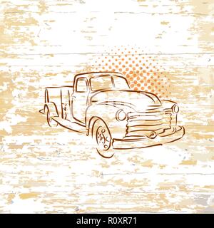 Vintage Pickup Truck auf Holz- Hintergrund. Vector Illustration von Hand gezeichnet. Stock Vektor