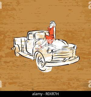 Vintage Pickup Truck auf Holz- Hintergrund. Vector Illustration von Hand gezeichnet. Stock Vektor