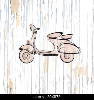 Vintage scooter Zeichnung auf Holz- Hintergrund. Vector Illustration von Hand gezeichnet. Stock Vektor