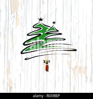 Weihnachtsbaum handschriftliche Skizze auf Holz- Hintergrund. Vector Illustration von Hand gezeichnet. Stock Vektor