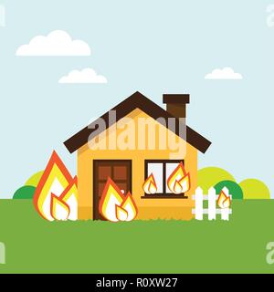 Haus brennt Vector Illustration. Sach- versicherung gegen Feuer. Stock Vektor