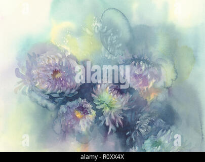 Chrysantheme Blumen Aquarell Hintergrund. Abstrakte Salz Marmor Hintergrund. Stockfoto