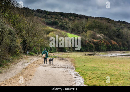 Ein Mann, der seinen Hund entlang der Penpol Fußweg auf der Gannel Mündung bei Ebbe in Newquay Cornwall. Stockfoto