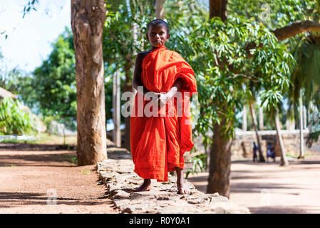 Mihintale, Sri Lanka - 16. August 2017: Ein Anfänger buddhistischer Mönch an Kamera suchen in der heiligen Stätte von Mihintale, jetzt ein Wallfahrtsort Stockfoto