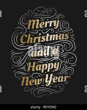 Frohe Weihnachten und einen guten Rutsch ins Neue Jahr Hand gezeichnet Schriftzug Stock Vektor