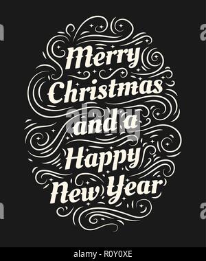 Frohe Weihnachten und einen guten Rutsch ins Neue Jahr Hand gezeichnet Schriftzug Stock Vektor