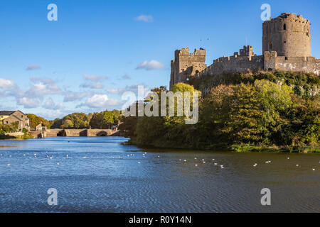 Ein sonniger Herbsttag, Pembroke Castle auf der Pembroke River, Pembrokeshire, Wales Stockfoto