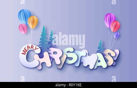 Frohe Weihnachten Schriftzug Signatur Schneiden von Papier und Farbe und Ballon. Vector Illustration. Winter Papier schneiden Handwerk Design. Stock Vektor