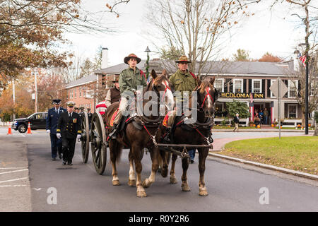 Concord unabhängigen Batterie Kutsche, die Ehrenmedaille Empfänger Thomas J. Hudner's Flag gezeichnet - drapierte Sarg in einen Trauerzug. Stockfoto