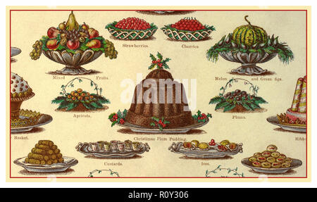 Viktorianische Weihnachten essen Plum Pudding DESSERTS KUCHEN VINTAGE MRS BEETON'S Farblithographie von Mrs Beetons Kochbuch, die Vielzahl der Englischen Weihnachten viktorianischen Puddings 1800s-1900s Stockfoto