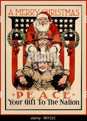 WWI FROHE WEIHNACHTEN *Frieden*' ihr Geschenk an die Nation 'USA PROPAGANDAPLAKAT 1915 amerikanische Truppen mit einem Weihnachtsmann und das Sternenbanner Flagge als Hintergrund Erster Weltkrieg Erster Weltkrieg