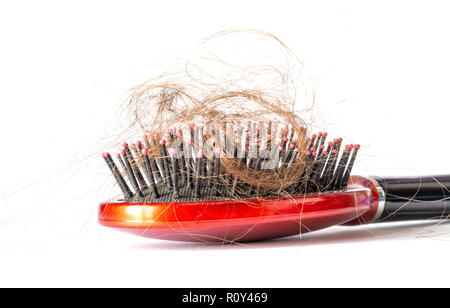 Kämmen Sie das Haar mit Haarbüscheln, Bündel von Haar, viel Haar auf der Haarbürste in der Nähe auf einem weißen Hintergrund Stockfoto