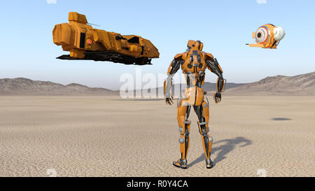 Cyborg Arbeiter mit drohne an Flying Raumschiff suchen, humanoide Roboter mit Raumfahrzeugen verlassenen Planeten erkunden, mechanische Android, 3D-Rendering Stockfoto