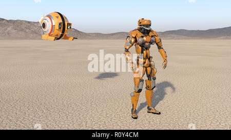 Cyborg Arbeiter mit Flying Drone, humanoide Roboter mit überwachungsflugzeuge verlassenen Planeten erkunden, mechanische Android, 3D-Rendering Stockfoto