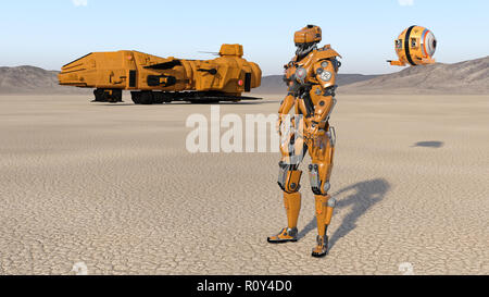 Cyborg Arbeiter mit dem Raumschiff und Drone, humanoide Roboter mit Raumfahrzeugen verlassenen Planeten erkunden, mechanische Android, 3D-Rendering Stockfoto