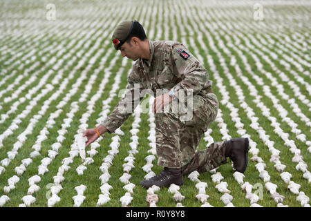 London, Großbritannien. 7 Nov, 2018. Kapitän James Pugh stellt eine Abbildung des hrouds der Somme" Installation im Queen Elizabeth Olympic Park in London, Großbritannien, an November 7, 2018. Der hrouds der Somme' ist eine Kunstinstallation, die 72,396 British Commonwealth Soldaten getötet in der Schlacht an der Somme, haben keine bekannten Grab zu 100 Jahre Mark seit dem Ende des Ersten Weltkriegs. Credit: Ray Tang/Xinhua/Alamy leben Nachrichten Stockfoto