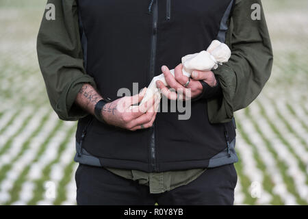 London, Großbritannien. 7 Nov, 2018. Künstler Rob gehört Posen für Fotos mit hrouds seiner Installation der Somme' an der Queen Elizabeth Olympic Park in London, Großbritannien, an November 7, 2018. Der hrouds der Somme' ist eine Kunstinstallation, die 72,396 British Commonwealth Soldaten getötet in der Schlacht an der Somme, haben keine bekannten Grab zu 100 Jahre Mark seit dem Ende des Ersten Weltkriegs. Credit: Ray Tang/Xinhua/Alamy leben Nachrichten Stockfoto