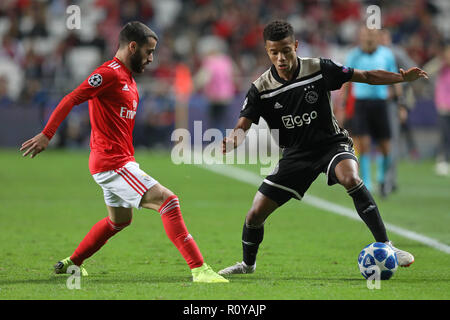 Lissabon, Portugal, Portugal. 7 Nov, 2018. Rafa Silva von SL Benfica (L) Mias für die Kugel mit David Neves des FC Ajax (R) während der UEFA Champions League 2018/19 Fußballspiel zwischen SL Benfica vs FC Ajax. Quelle: David Martins/SOPA Images/ZUMA Draht/Alamy leben Nachrichten Stockfoto