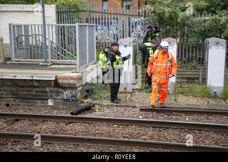 West Hampstead. London. UK 6 Nov 2018 - British Transport Police suche Team führt die Suche in der Nähe von Finchley Road und Frognal S-Bahnhof ein Mann in seinem jugendlich auf Billy Fury Weg Lithos Road in West Hampstead am Dienstag abend erstochen wurde. Die jugendlich ist, berichtet in einem "kritischen Zustand" im Krankenhaus zu sein. Scotland Yard Commander Stuart Cundy sagte zusätzliche Polizisten in jedem Bezirk eingesetzt wurden. Credit: Dinendra Haria/Alamy leben Nachrichten Stockfoto