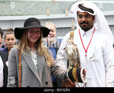 Paris, Frankreich. 5. Okt 2014. Frauen mit einer Falcon bei den Qatar Prix de l'Arc de Triomphe an ParisLongchamp Pferderennbahn gesehen. Credit: Osama Faisal/SOPA Images/ZUMA Draht/Alamy leben Nachrichten Stockfoto