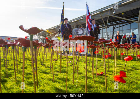 Flughafen London Southend, Essex, Großbritannien. Anlässlich des Jahrestages des Endes des Zweiten Weltkriegs ein commemorative Garten außerhalb des Terminal am Flughafen London Southend bestehend aus 2000 rot Keramik Mohn durch Hunderte von Kindern aus 25 Southend Schulen geöffnet wurde Stockfoto