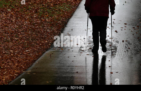 08. November 2018, Bayern, Bad Wörishofen: Eine ältere Frau geht mit Nordic Walking Stöcken durch die herbstlichen Kurpark (Abbildung zum Thema Ruhestand). (Dpa' Pension Paket übergeben - Opposition warnt vor kostenexplosion") Foto: Karl-Josef Hildenbrand/dpa Stockfoto