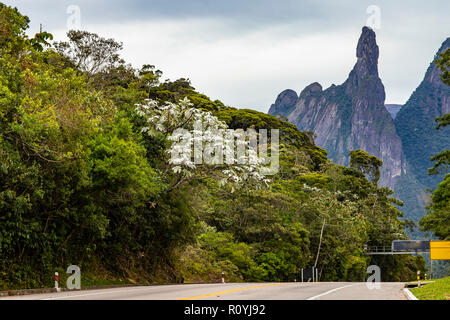 Exotische Berge, herrliche Berge. Berg der Finger Gottes. Stadt Teresópolis, Bundesstaat Rio de Janeiro, Brasilien, Südamerika. Stockfoto