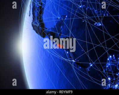 El Salvador aus dem Weltraum auf Blau digitale Modell der Erde mit internationalem Netzwerk. Konzept der Blue digitale Kommunikation oder Reisen. 3D-Darstellung. El Stockfoto