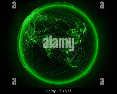 Bangladesch aus dem Weltraum auf dem Planeten Erde mit grünen Netzwerk für internationale Kommunikation, Technik und Reisen. 3D-Darstellung. Elemente der Stockfoto