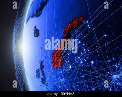 Norwegen von Speicherplatz auf Blau digitale Modell der Erde mit internationalem Netzwerk. Konzept der Blue digitale Kommunikation oder Reisen. 3D-Darstellung. Element Stockfoto