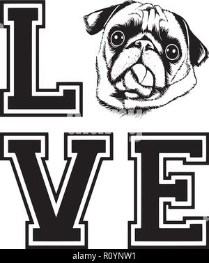Pug Stammbaum Rasse Kopf isoliert Pet Portrait Lächeln glücklich Welpen Gesicht Animal Cartoon Illustration Portrait Kunst Kunstwerk niedliche Design Stock Vektor
