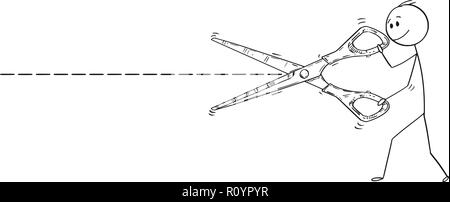 Cartoon von Schnittlinie und Mann oder Geschäftsmann Schneiden mit großen Scheren Stock Vektor