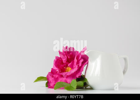 Wilde Rosen in Vase auf weißem Tischtuch Stockfoto