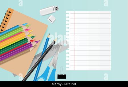 ฺBlank beachten Sie Papier mit Schulmaterial auf grünem Hintergrund, Konzept zur Schule. Vector Illustration Stock Vektor