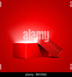 Sanftes Licht strahlt aus geöffneten roter Geschenkbox gegen roter Hintergrund Stockfoto