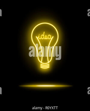 Leuchtende gelb neon Glühbirne Symbol mit dem Wort Idee, auf schwarzem Hintergrund Stockfoto
