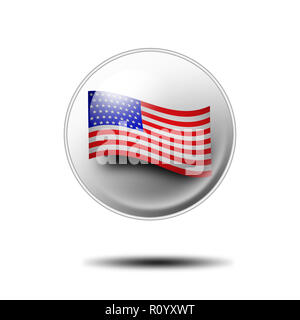 Kreisförmige Flagge Pin mit der amerikanischen Flagge vor weißem Hintergrund, in der Nähe Stockfoto