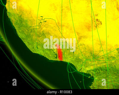 Togo auf Digital Planet Erde vom Weltraum aus mit Netzwerk. Konzept der internationalen Kommunikation, Technik und Reisen. 3D-Darstellung. Elemente dieser Stockfoto